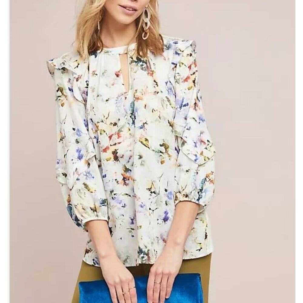 Dolan Anthropologie Floral Ruffled Sleeve Blouse